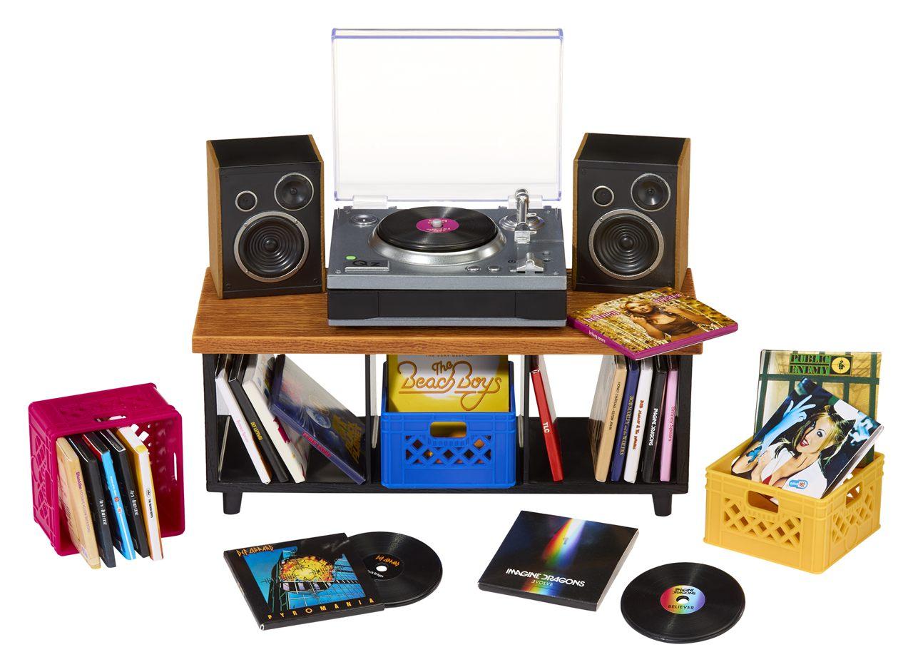 Mini platine vinyle Miniverse Real Music, ses enceintes, son meuble à casiers et ses bacs de disques