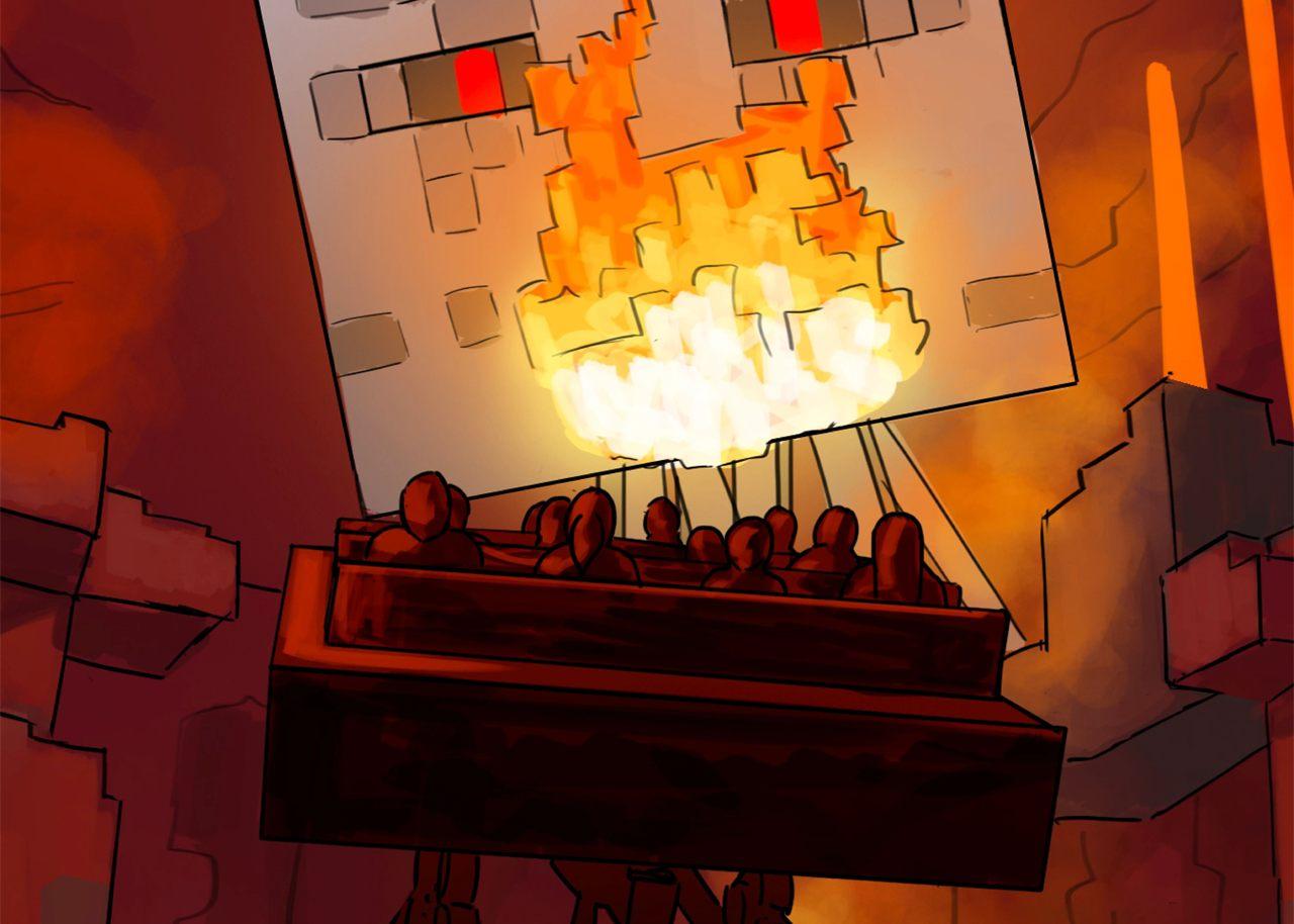 Illustration des montagnes russes Escape the Nether, face à un Ghast