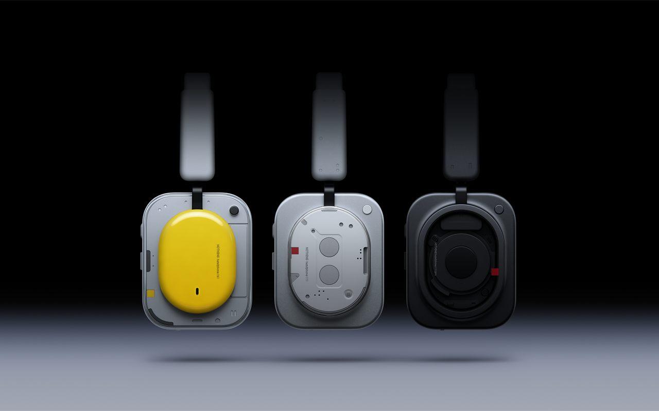Les casques Nothing Headphone (a) jaune, Headphone (1) et Headphone (1) Pro noir côte à côte