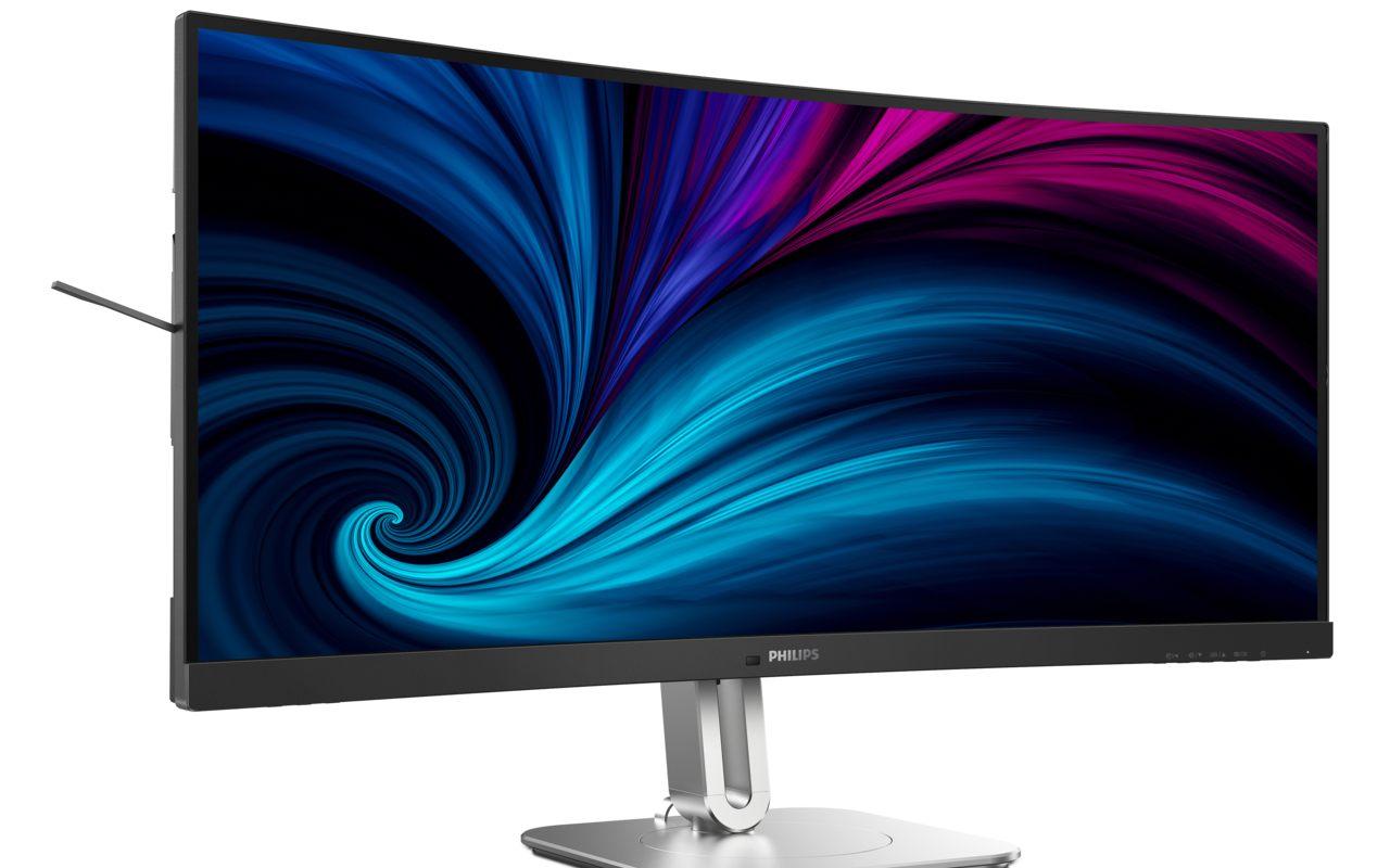 Philips 34B2U5900C vu de trois quarts droite, courbure de la dalle 21:9