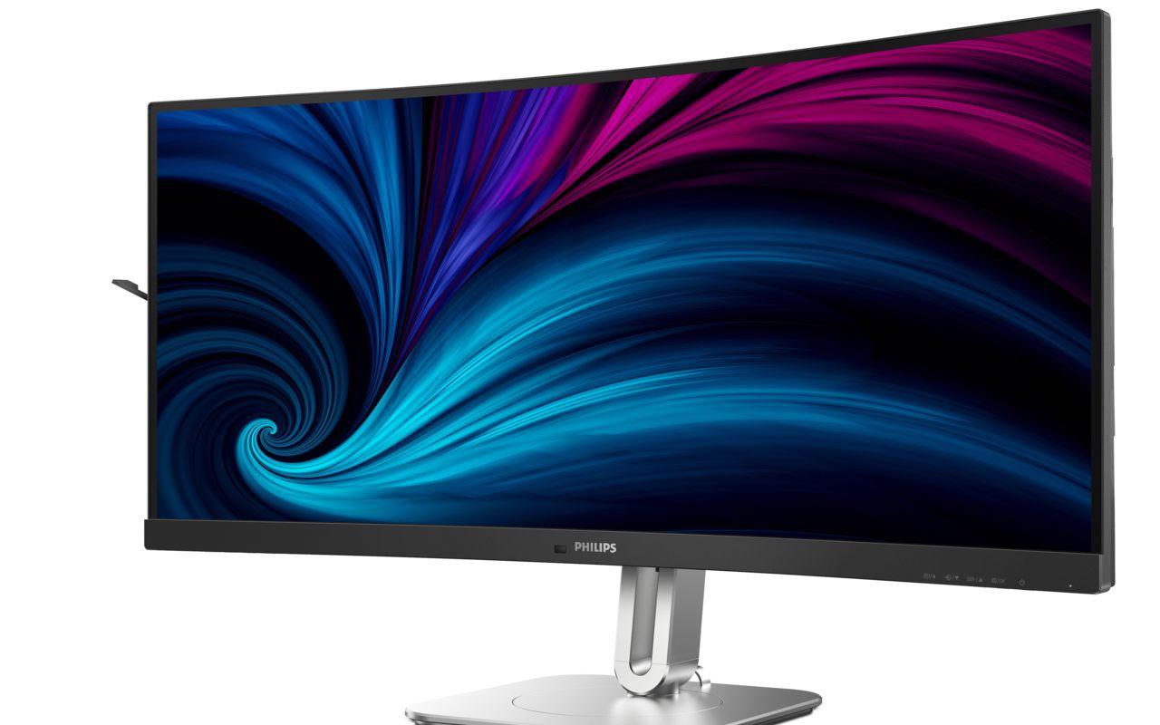 Philips 34B2U5900C vu de trois quarts gauche, dalle incurvée et pied argenté