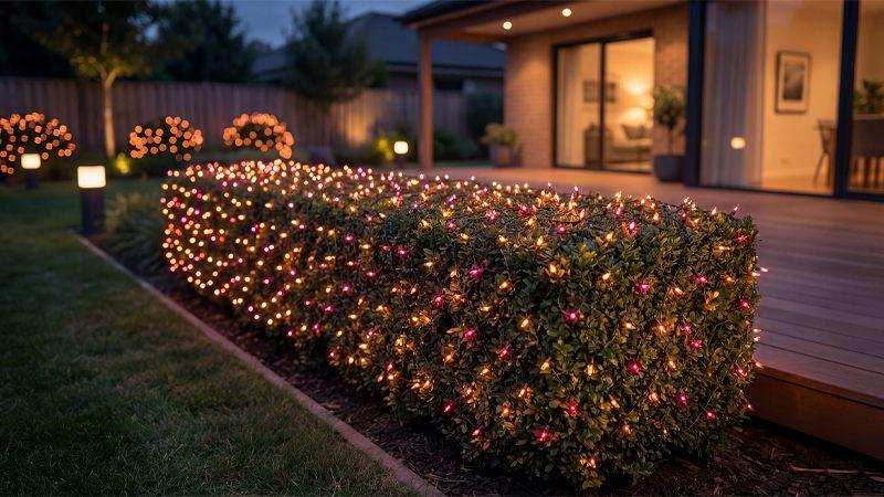 Filet lumineux Philips Hue Festavia posé sur une haie au bord d'une terrasse