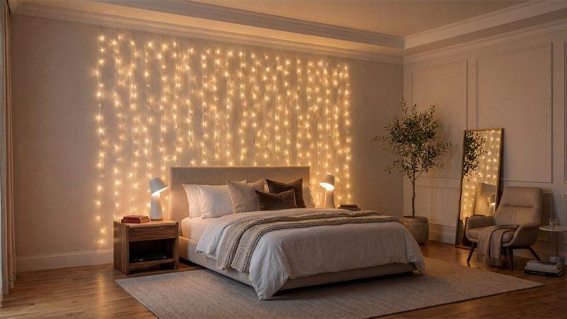 Rideau lumineux Philips Hue Festavia déployé derrière une tête de lit