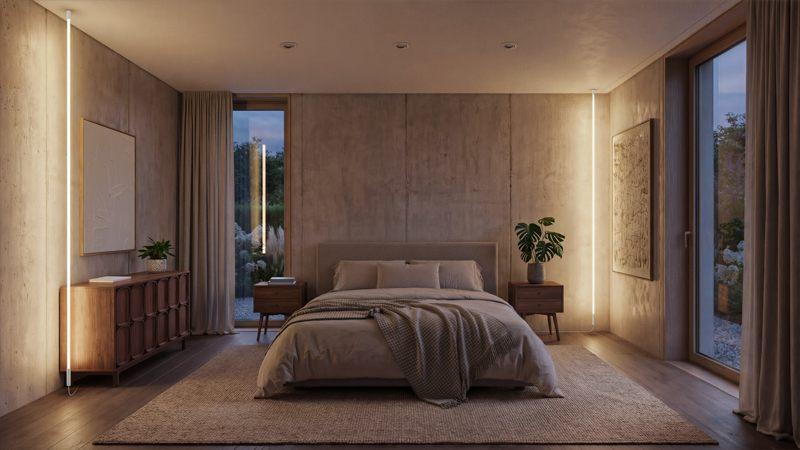 Chambre éclairée à la tombée du jour par deux cordons lumineux Philips Hue Liane 360°