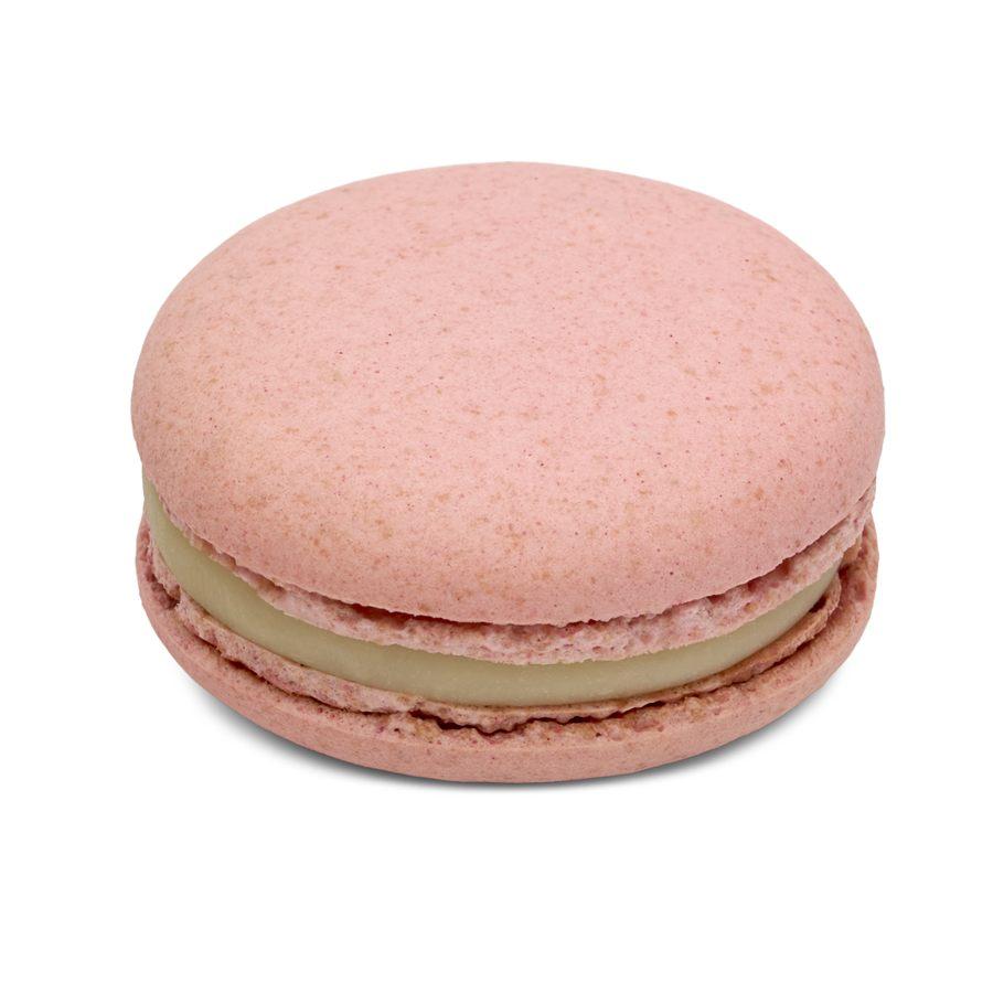 Macaron Antigone, coque rose pâle mouchetée et ganache vert olive