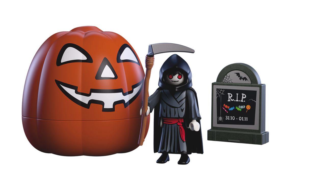 Citrouille Faucheuse Playmobil ouverte, figurine à la faux et pierre tombale R.I.P.