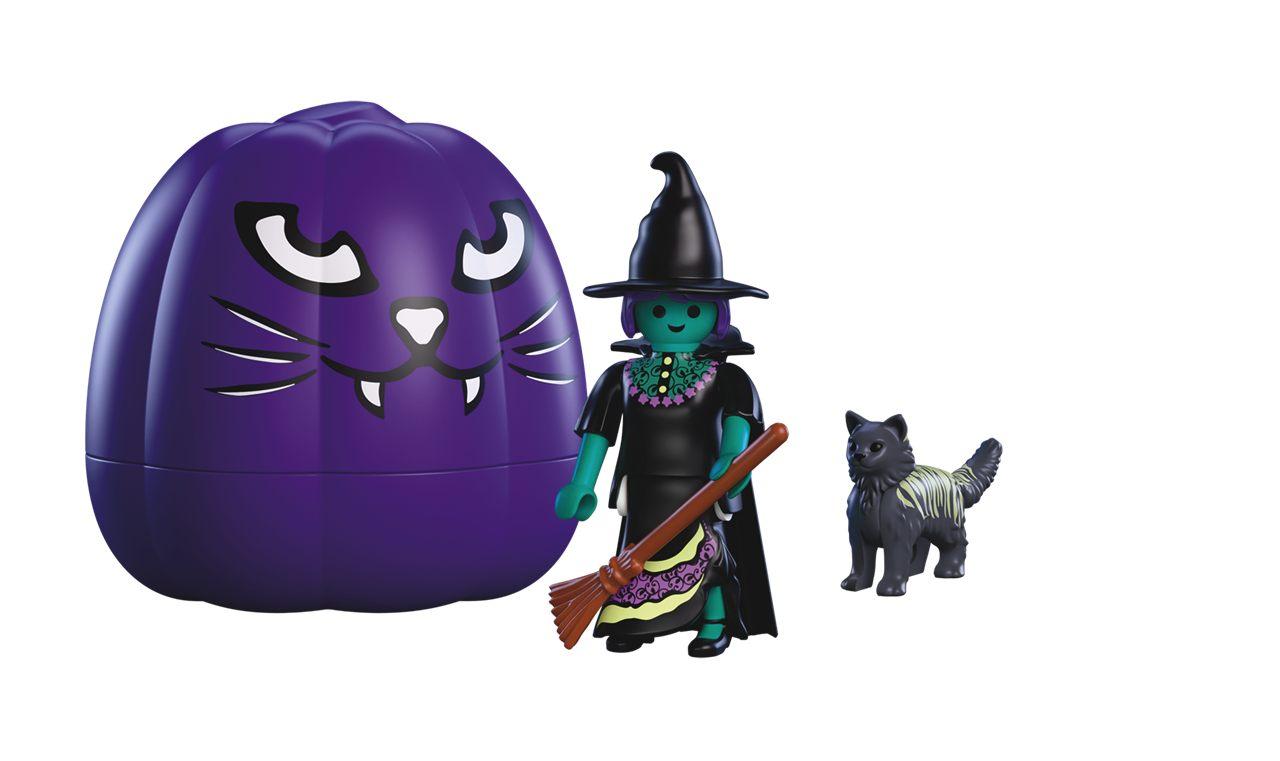 Citrouille Sorcière Playmobil violette à museau de chat, sorcière et chat rayé