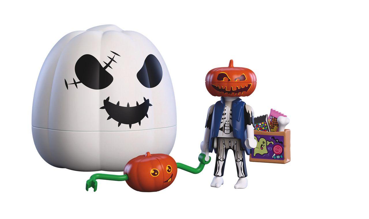 Tête de citrouille Playmobil, coque blanche, squelette et sac de bonbons