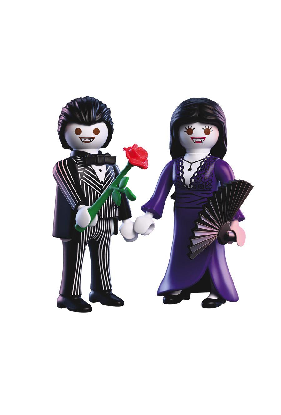 Couple de vampires Playmobil en tenue de bal, rose rouge et éventail noir
