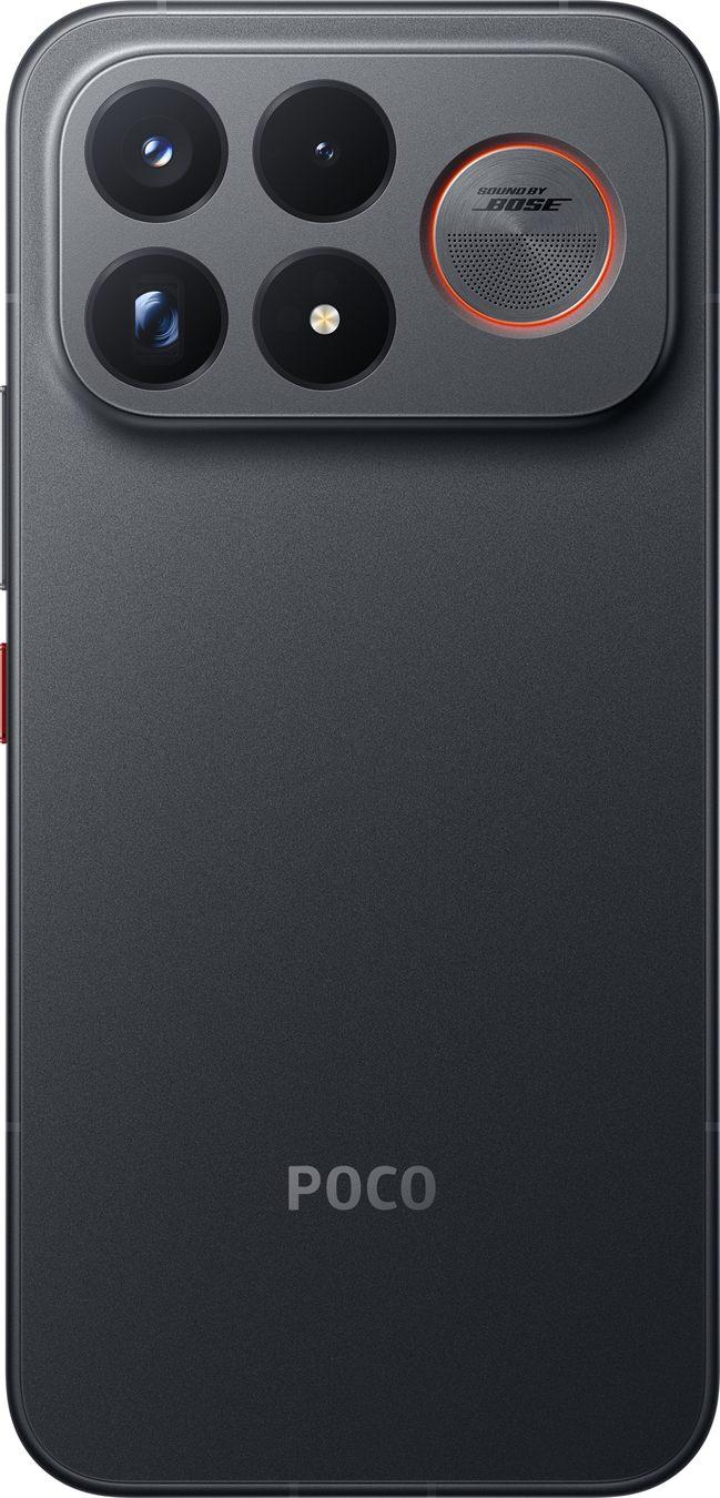 Le dos noir du POCO F9 Ultra, éclairage allumé autour du module Bose
