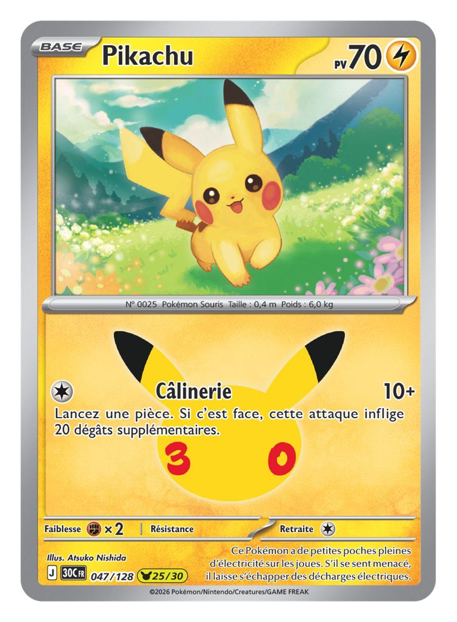 Carte Pikachu rare 25/30 dans une prairie, illustrée par Atsuko Nishida