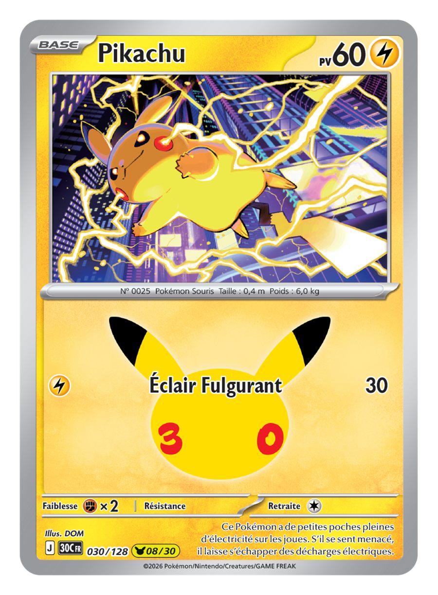 Carte Pikachu rare 08/30 sous les éclairs, illustrée par DOM