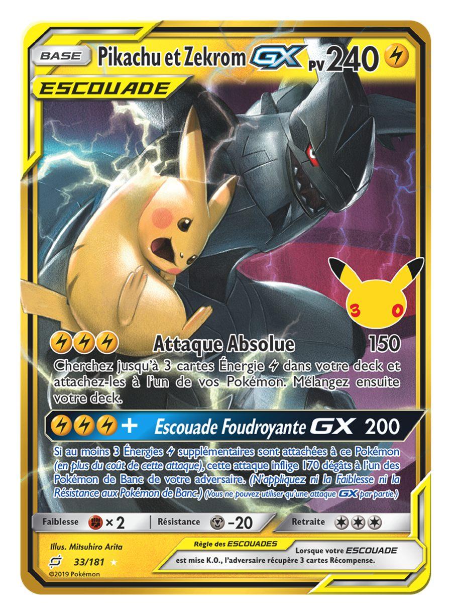 Carte Pikachu et Zekrom-GX d'Éclipse Cosmique réimprimée en brillant