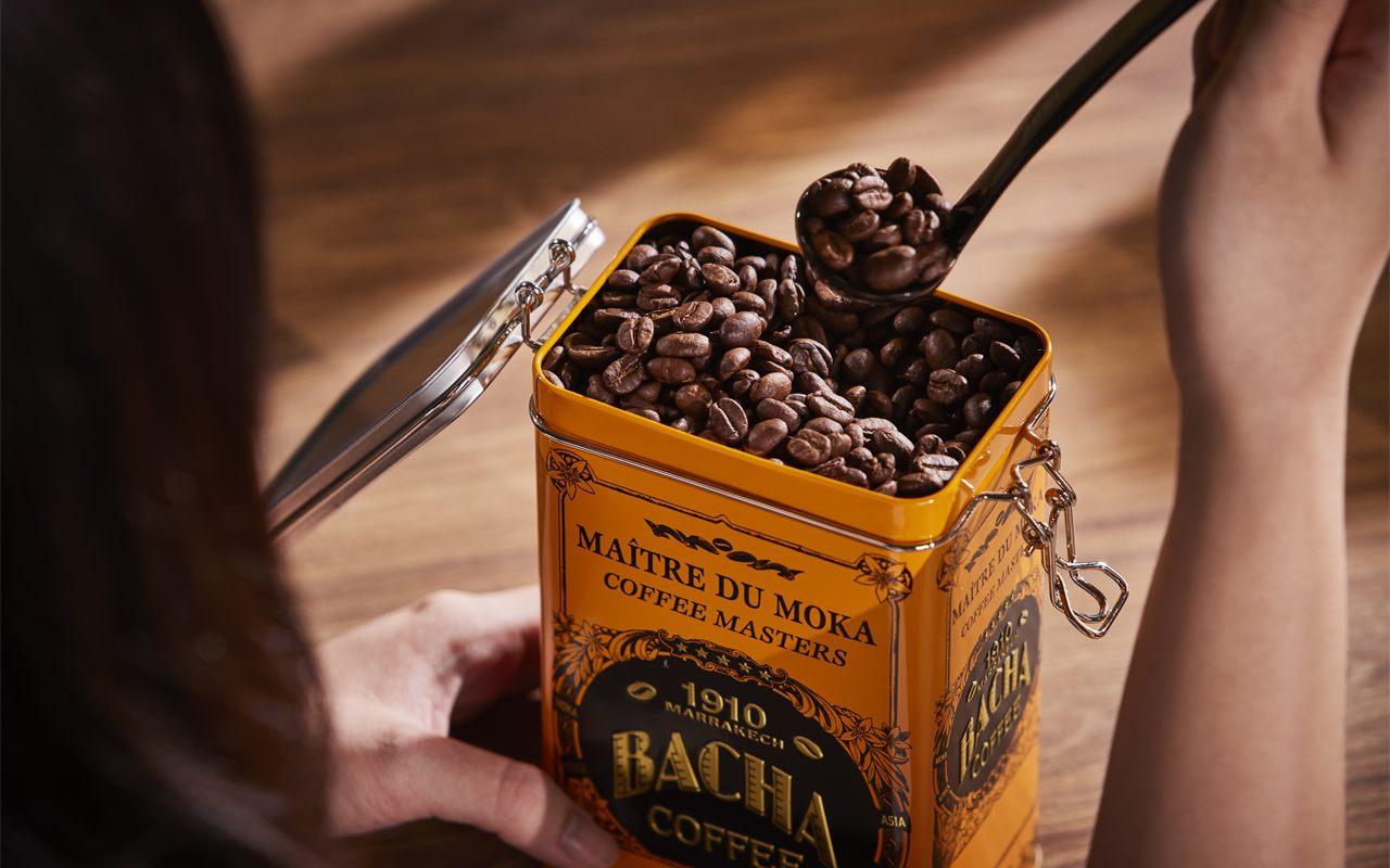 Grains d'arabica puisés à la cuillère dans une boîte Bacha Coffee