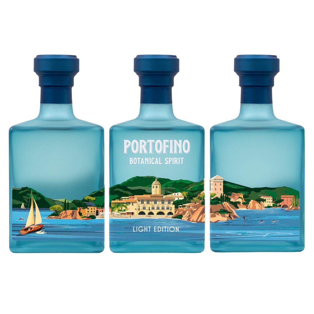 Les trois faces du flacon Portofino Botanical Spirit, le littoral ligure déroulé sur le verre bleu