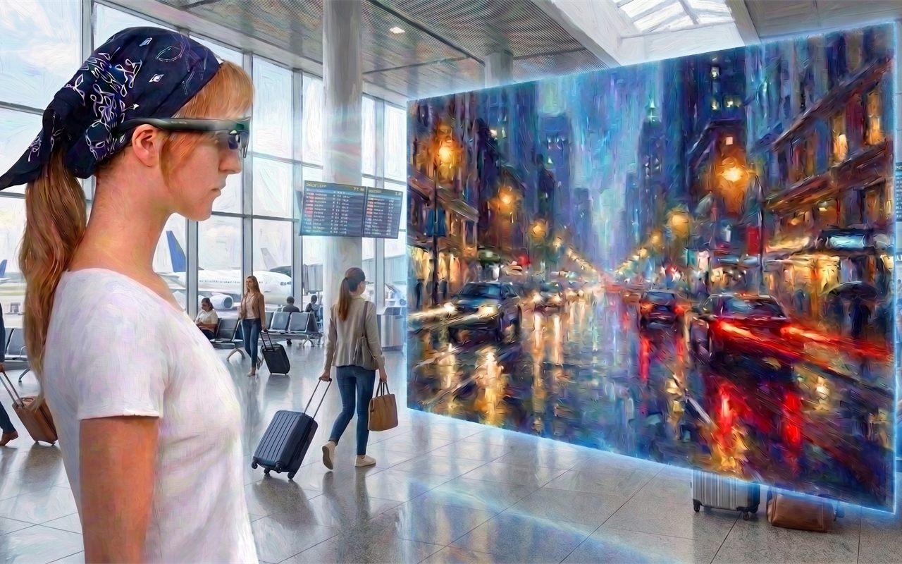 Femme portant les lunettes RayNeo GT Max en aérogare, écran virtuel géant à côté d'elle