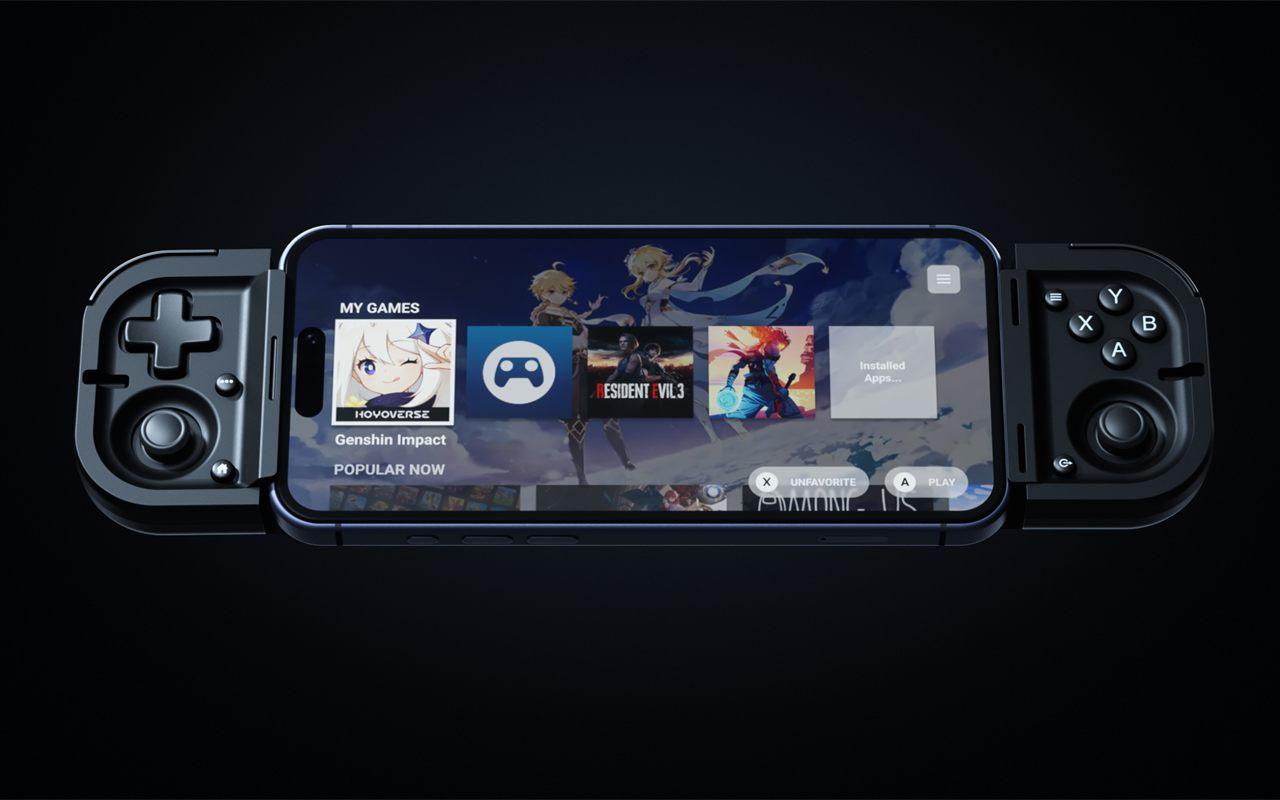 La Razer Prio déployée enserre un iPhone par ses tranches, connectée en USB-C