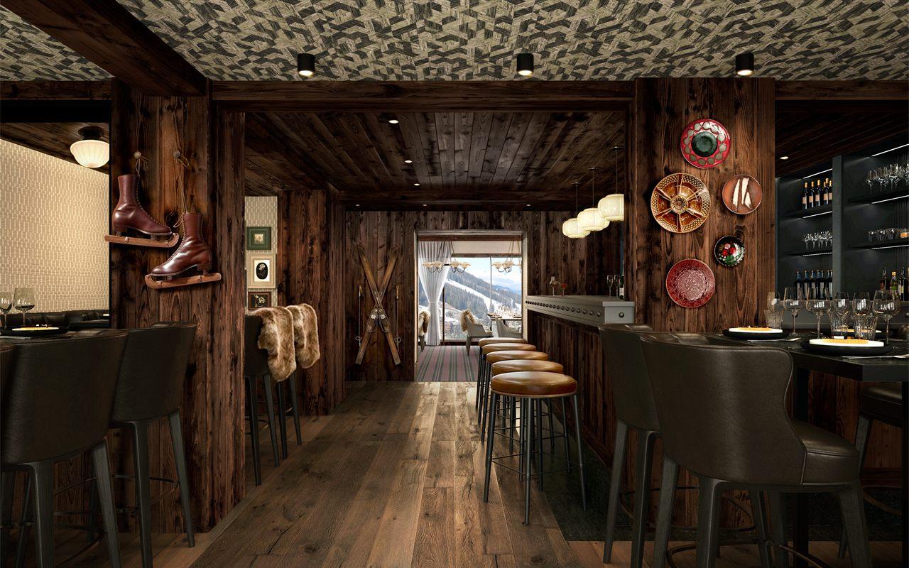 Bar du restaurant Arvi, vieux bois, patins et skis anciens au mur