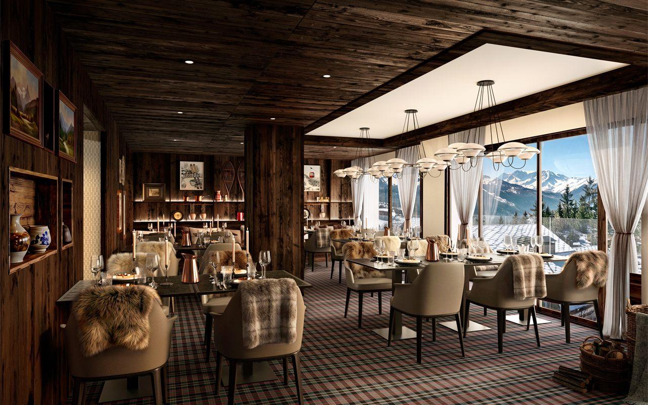Salle du restaurant Arvi au Steamboat, tables dressées face à la vallée de Courchevel