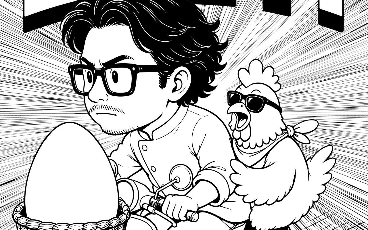 Illustration manga Mama Goes East, un chef en scooter suivi de la Mama Chicken
