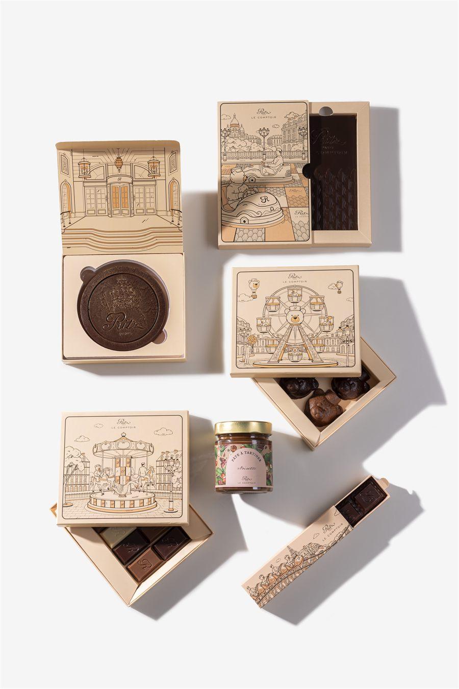 Les coffrets illustrés de la collection de chocolats Ritz Paris Le Comptoir et le pot de pâte à tartiner