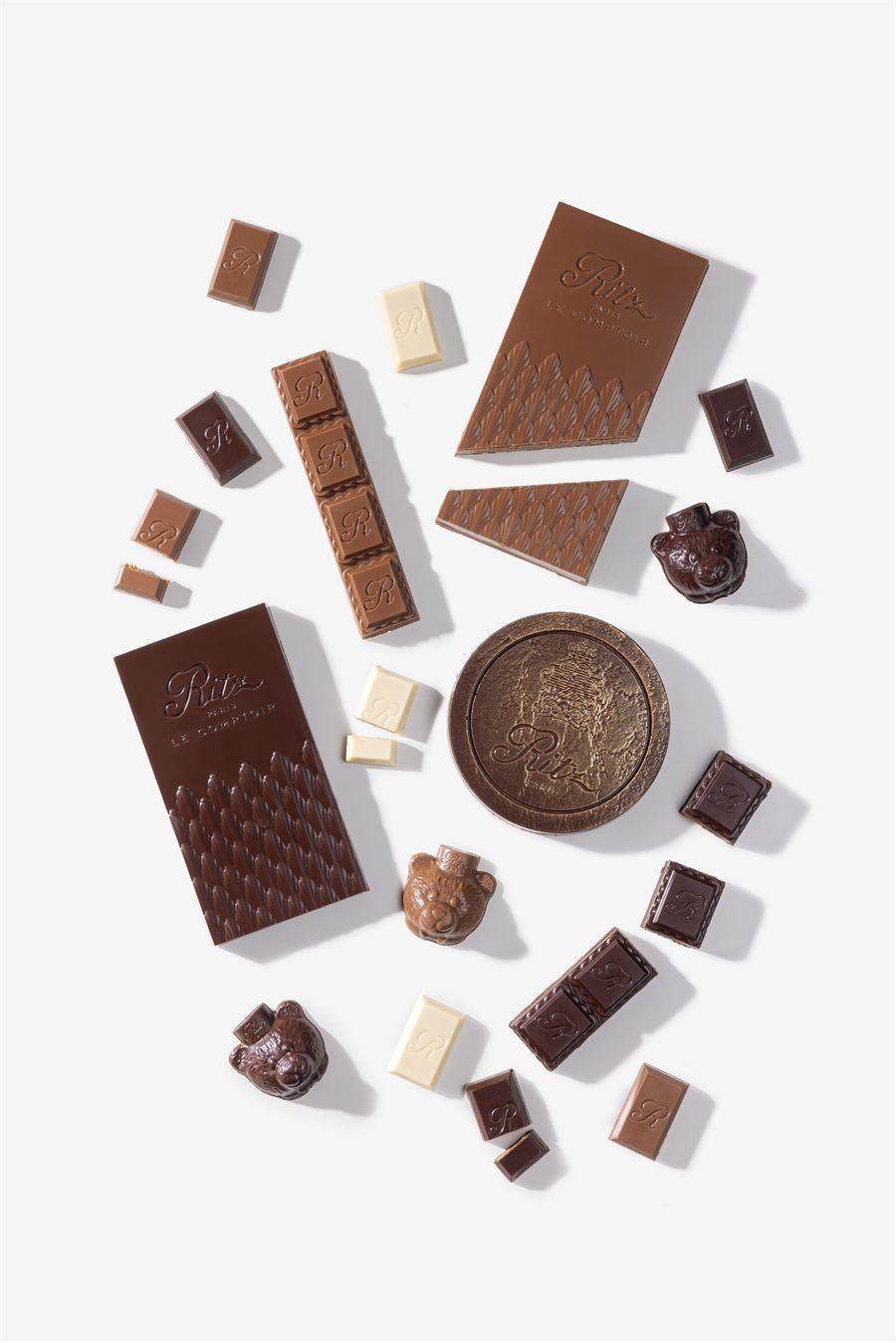 Toute la collection de chocolats Ritz Paris Le Comptoir, tablettes, lingots, oursons et Camée