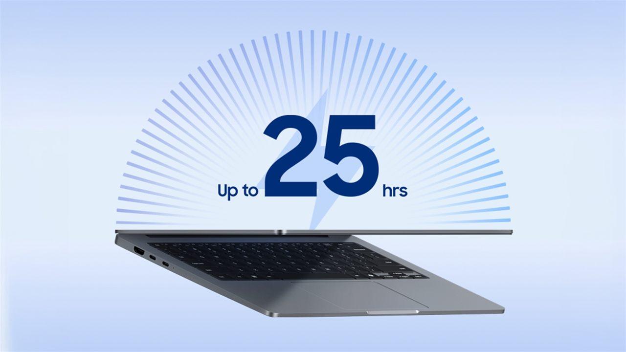 Profil fin du Samsung Galaxy Book6 entrouvert, autonomie annoncée de 25 heures