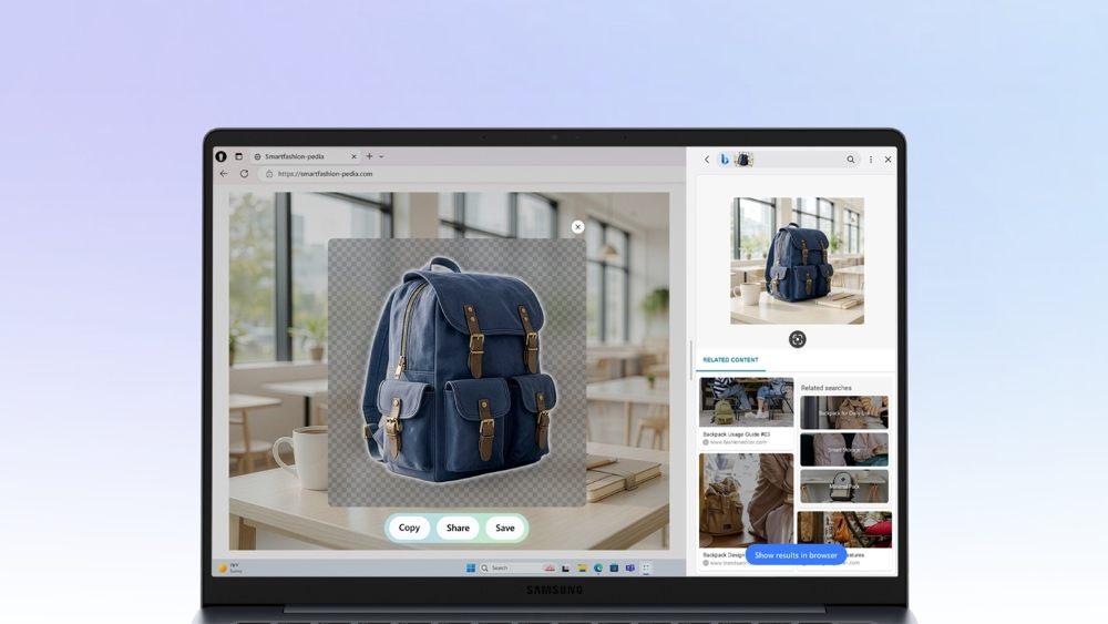 Détourage par IA d'un sac à dos affiché sur l'écran du Samsung Galaxy Book6