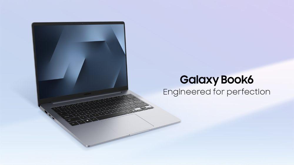Le Samsung Galaxy Book6 ouvert de trois quarts, dans son coloris gris anthracite