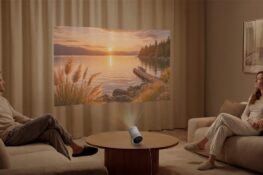 Vous avez renoncé au vidéoprojecteur à cause de votre mur bleu et de la bibliothèque qui déborde ? L’IA du Samsung The Freestyle+ regarde le mur et compose avec