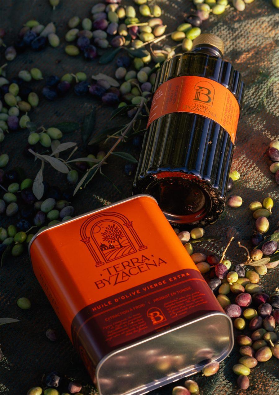 flacon Aurora couché sur des olives Chemlali fraîchement cueillies