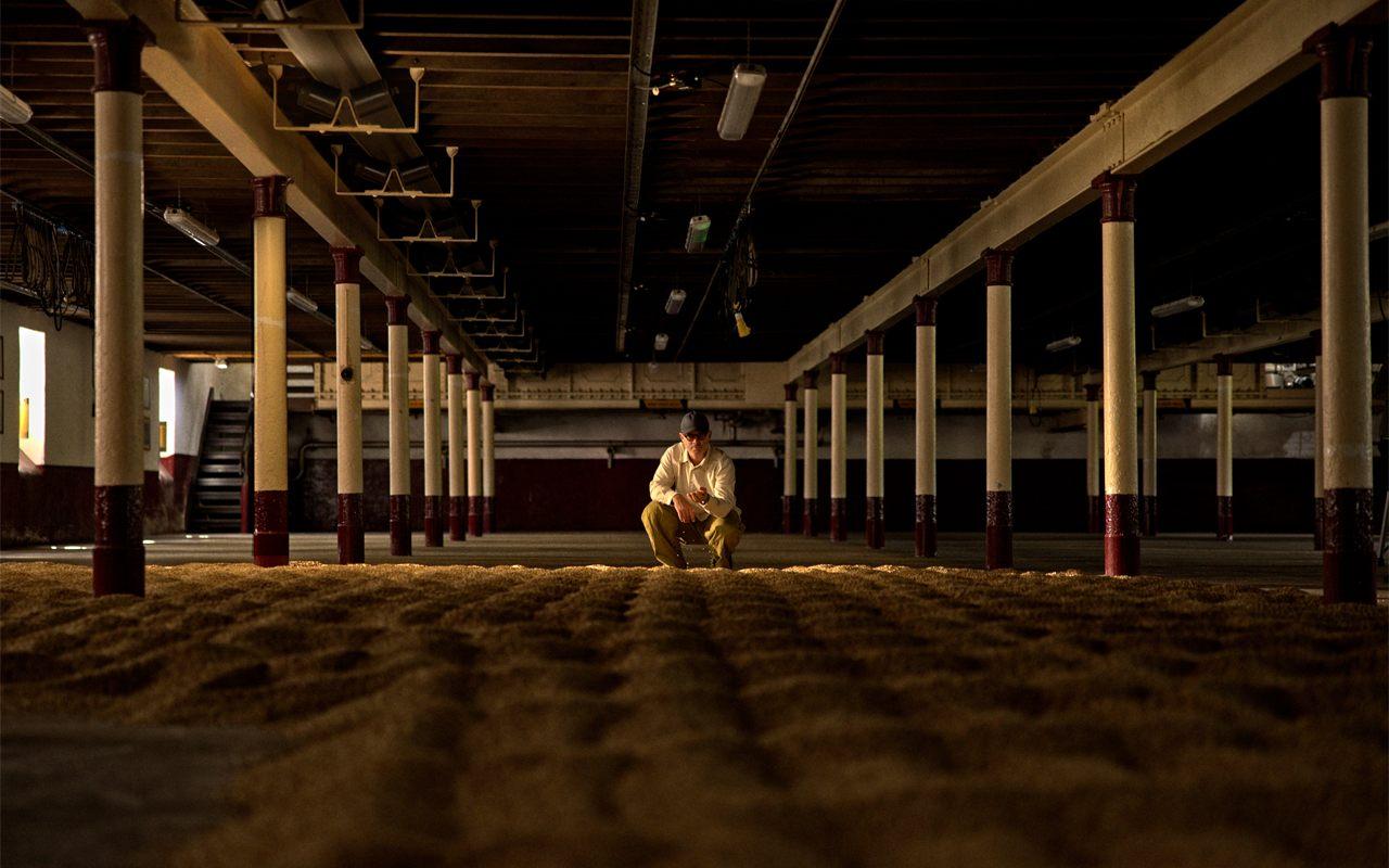 L'aire de maltage traditionnelle de la distillerie The Balvenie, l'orge étalée entre les piliers