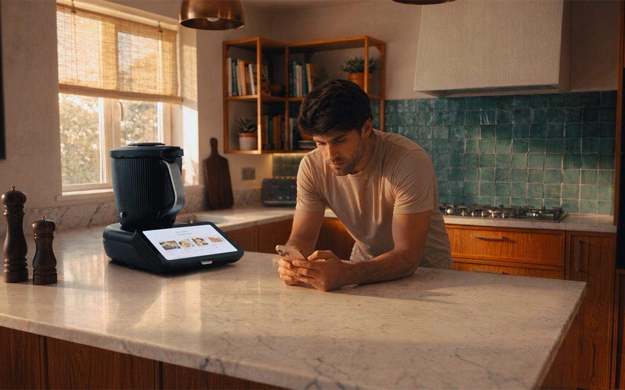 Un homme consulte l'application Thermomix Cookidoo sur son téléphone à côté de son robot