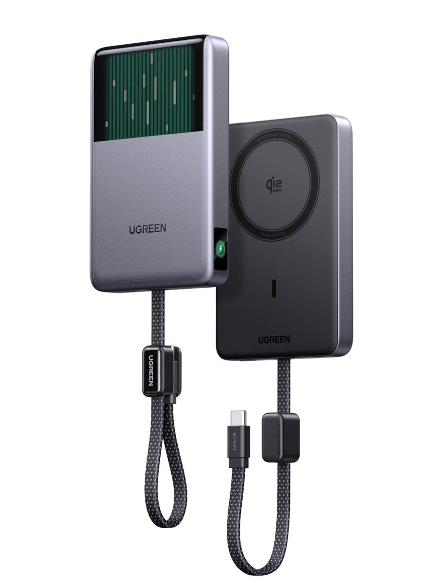 Les deux faces de la batterie UGREEN MagFlow Pro, fenêtre de liquide et surface magnétique Qi2 25 W