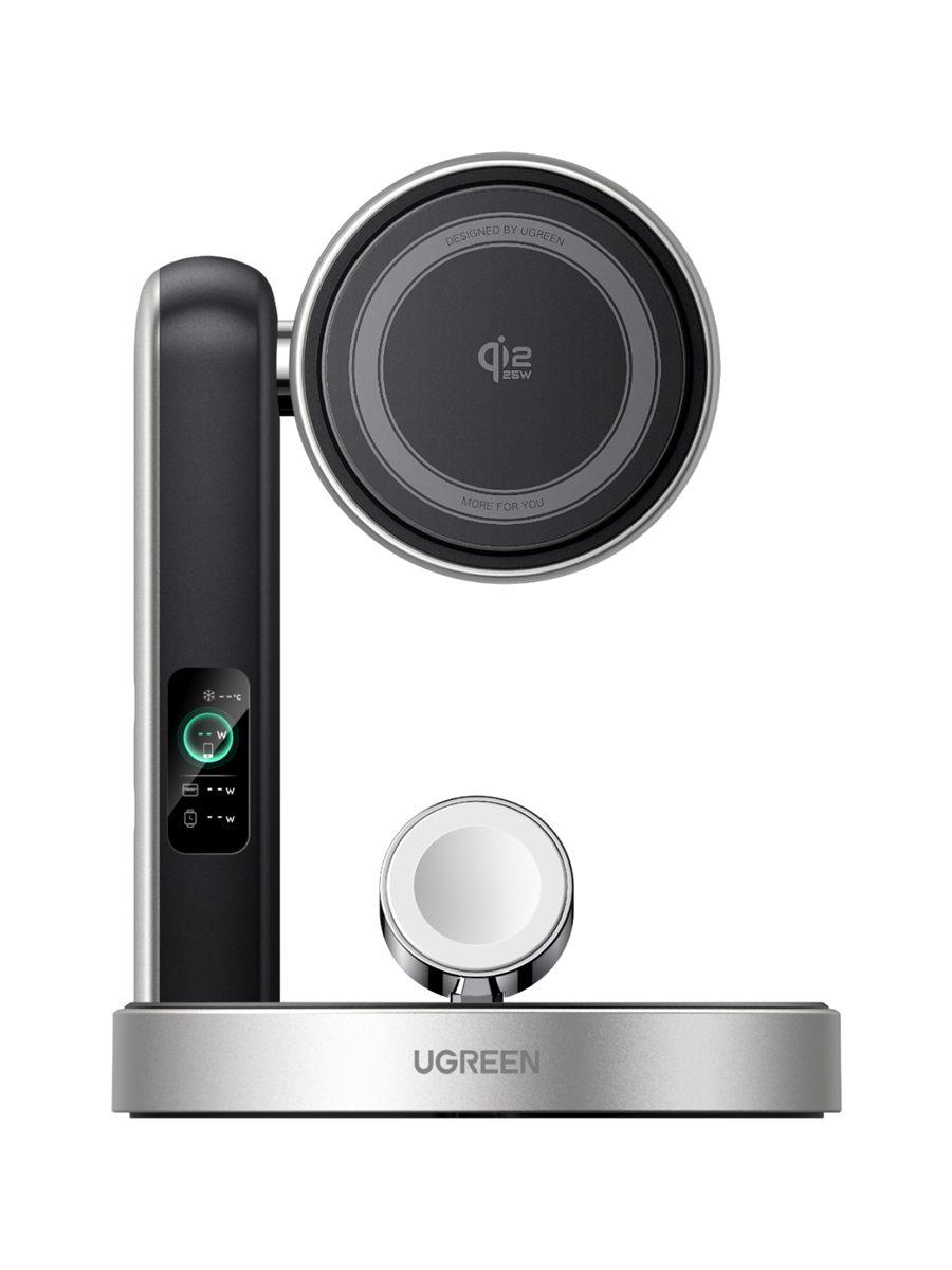 Station de recharge magnétique UGREEN MagFlow Pro 3-en-1 avec son écran et son support Apple Watch