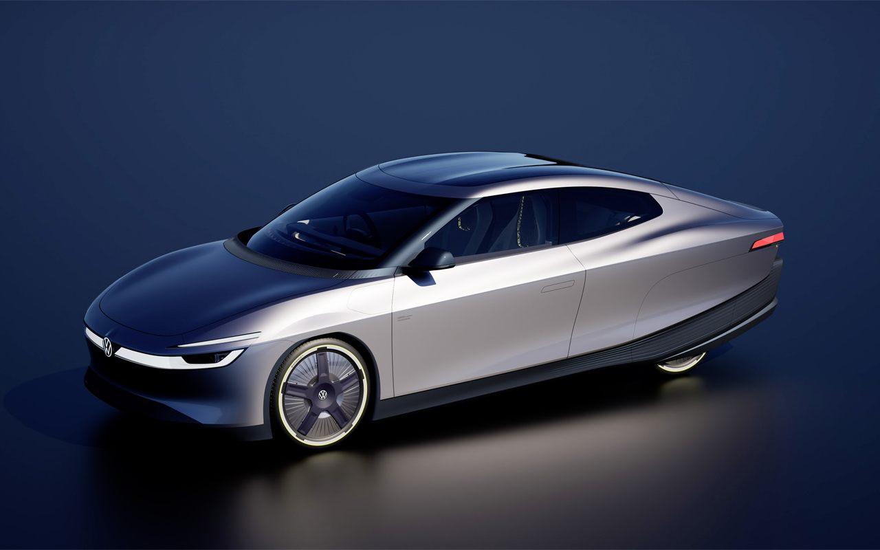 La Volkswagen Mission Efficiency de trois quarts avant et son bandeau lumineux