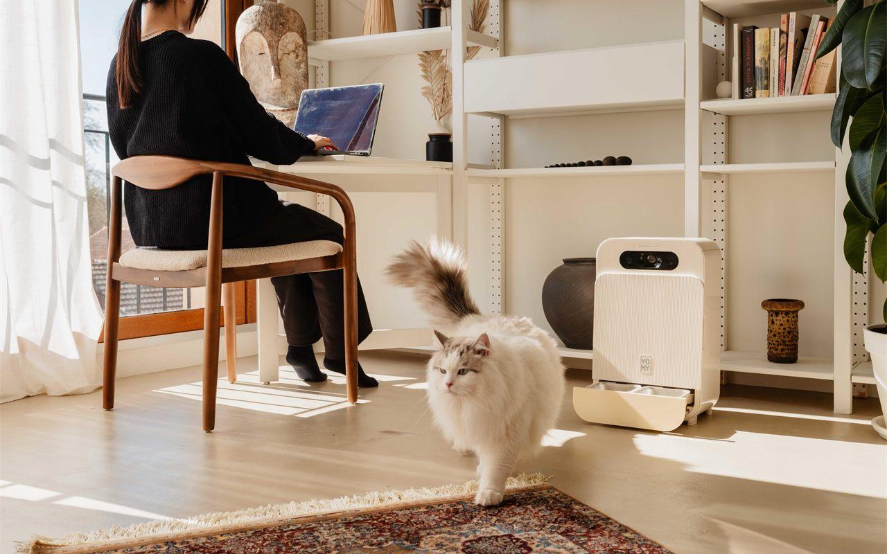 Votre chat mange de la pâtée fraîche plusieurs fois par jour pendant que vous travaillez, et le distributeur YOMY vous envoie sa photo à chaque repas