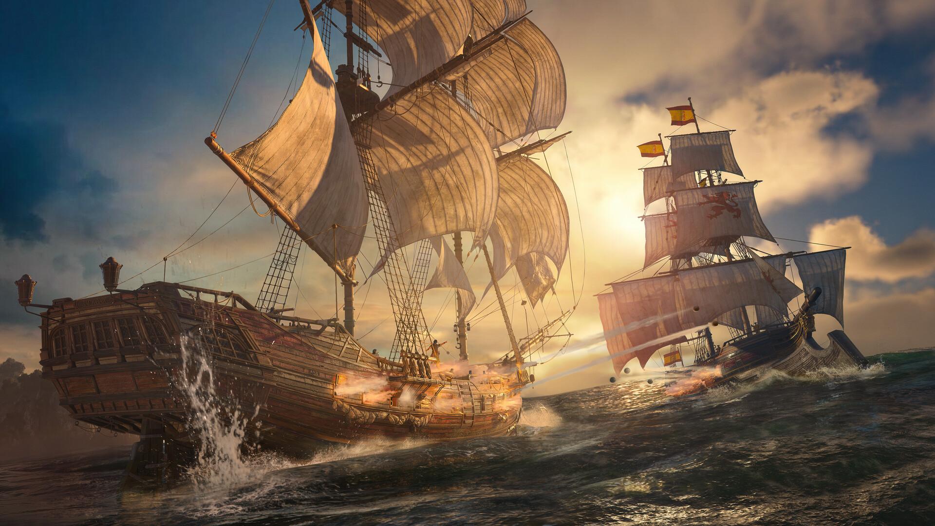 Assassin's Creed Black Flag Resynced, combat naval entre deux voiliers au coucher du soleil