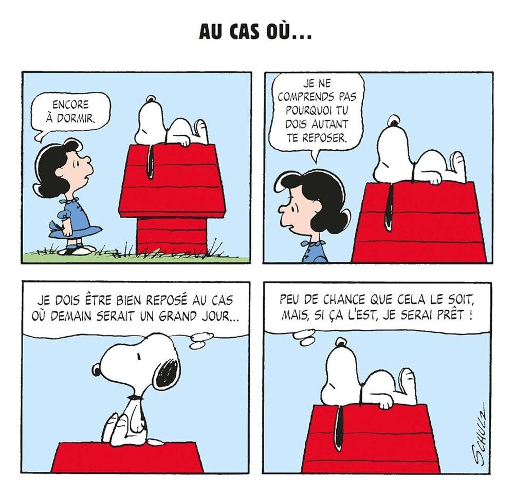 Strip où Lucy regarde Snoopy dormir sur le toit de sa niche rouge