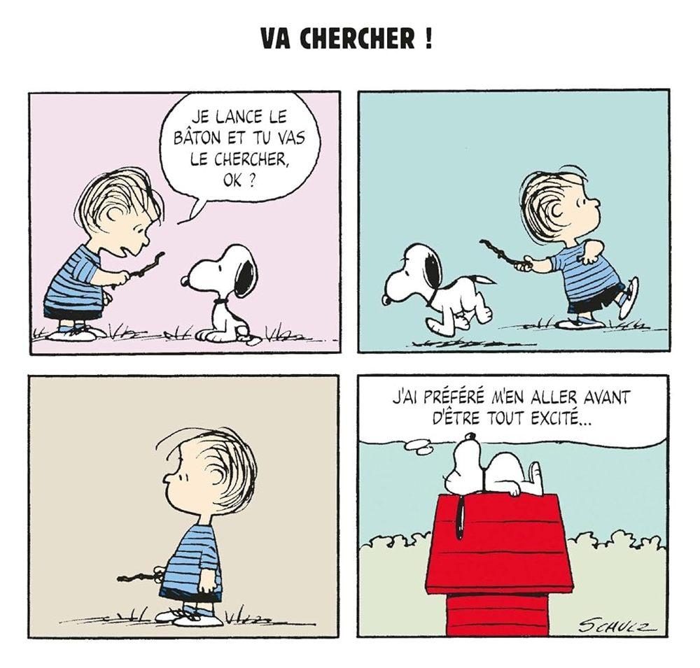 Strip où Linus lance un bâton à Snoopy qui retourne dormir sur sa niche