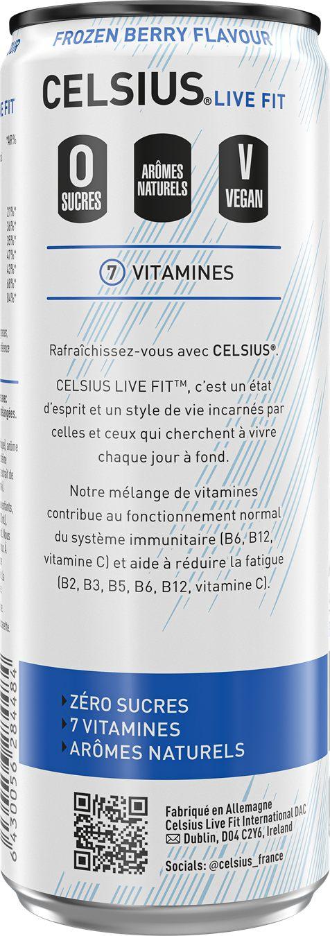 Dos de la canette Celsius Arctic Vibe : zéro sucre, arômes naturels, végane, sept vitamines