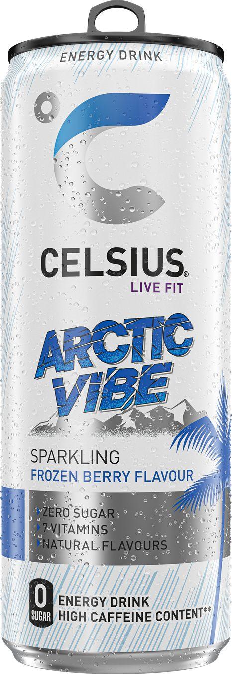 Canette Celsius Arctic Vibe couverte de gouttes d'eau, languette relevée