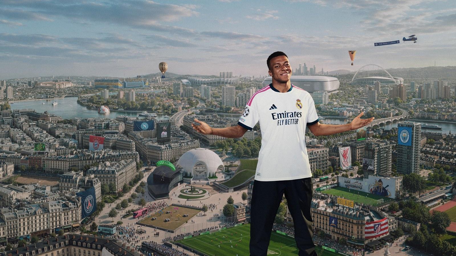 EA Sports FC 27, Kylian Mbappé devant une ville stade