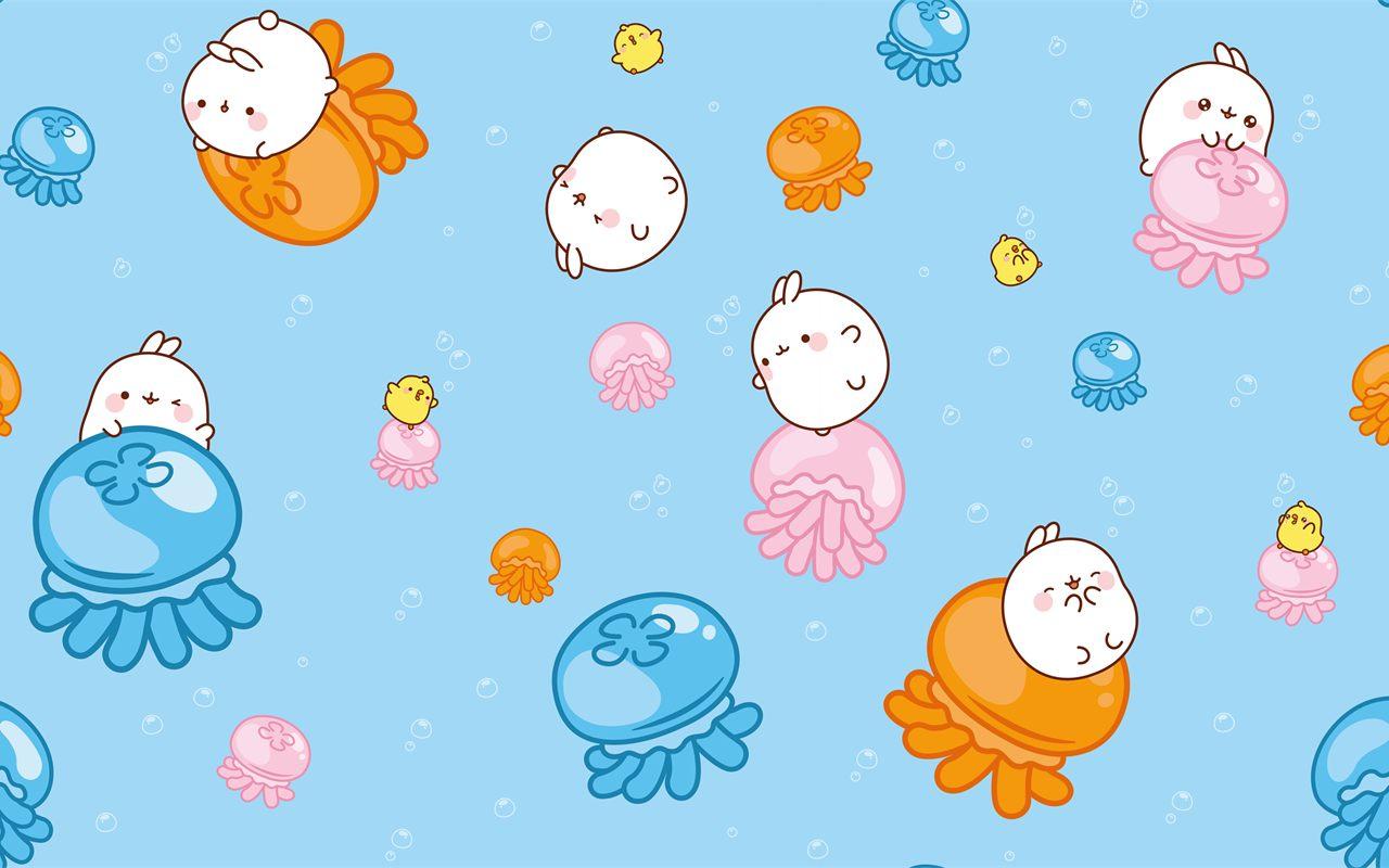 Molang et Piu Piu posés sur des méduses bleues, roses et orange