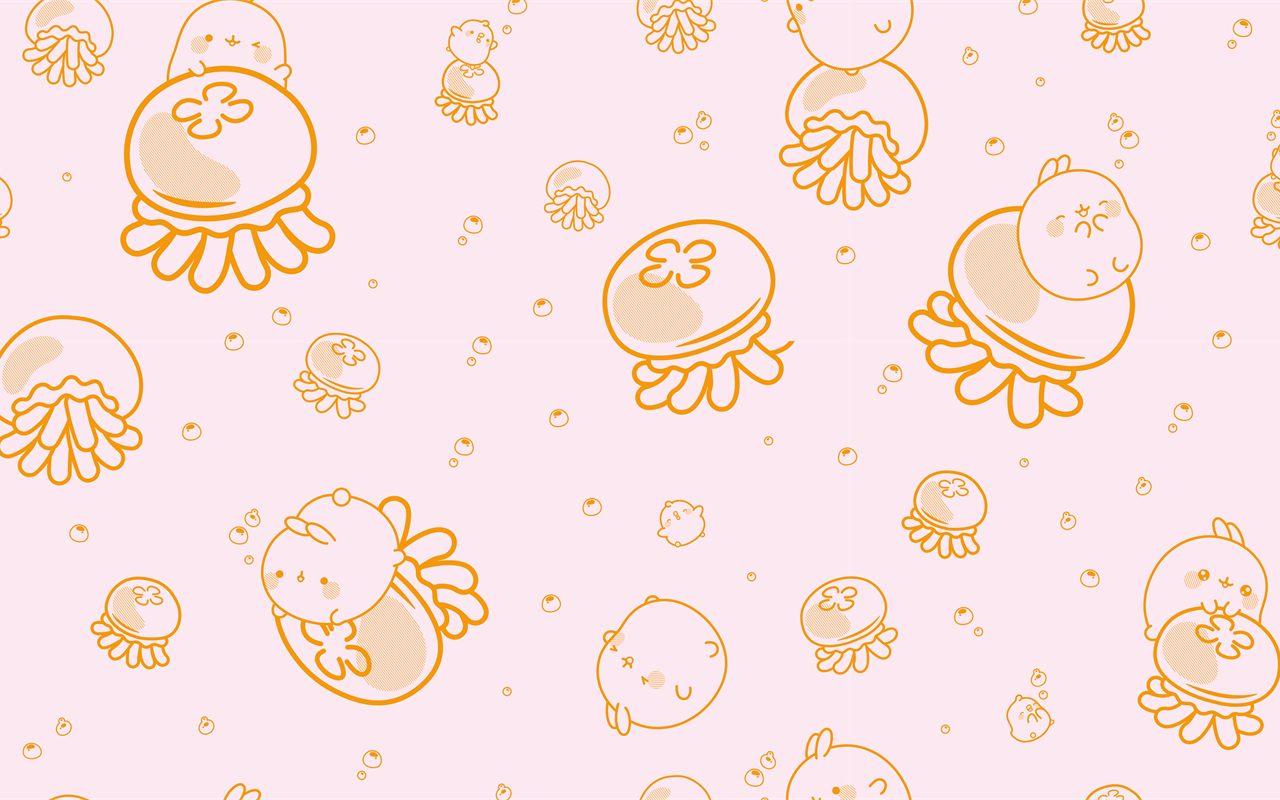 Molang et des méduses dessinés au trait orange sur fond rose pâle