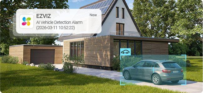 Notification de détection d'un véhicule devant une maison équipée d'une caméra Ezviz