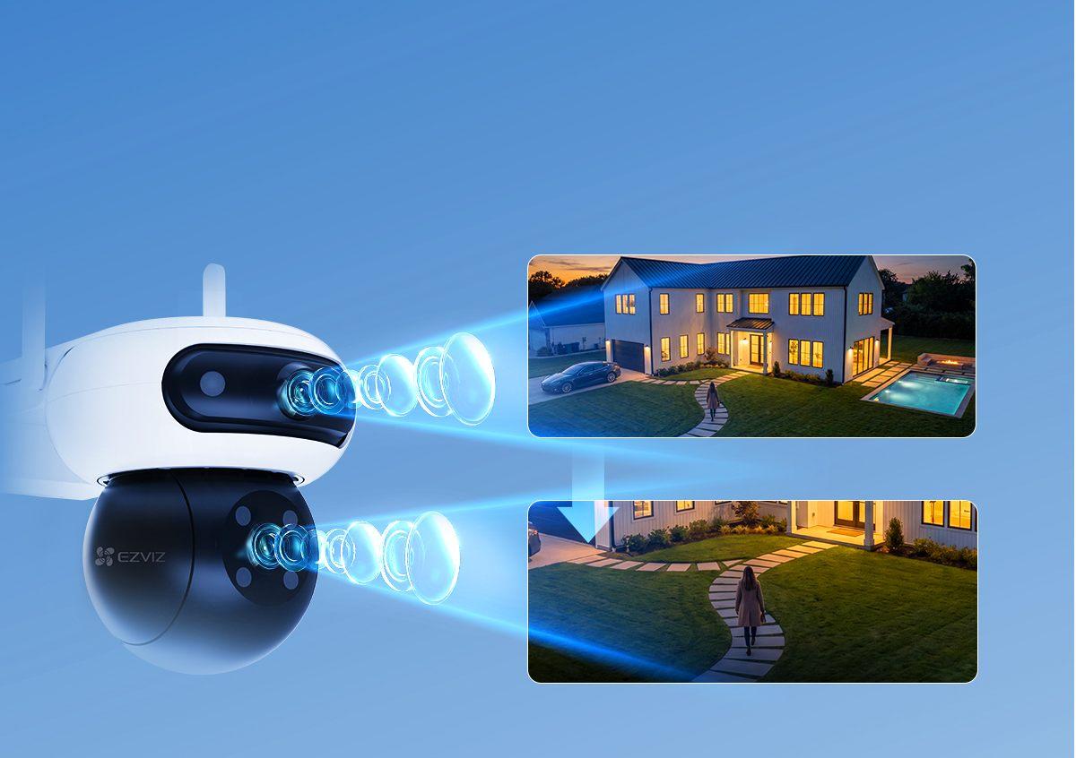 Les deux objectifs d'une caméra Ezviz Dual Kit, vue large et zoom sur un passant