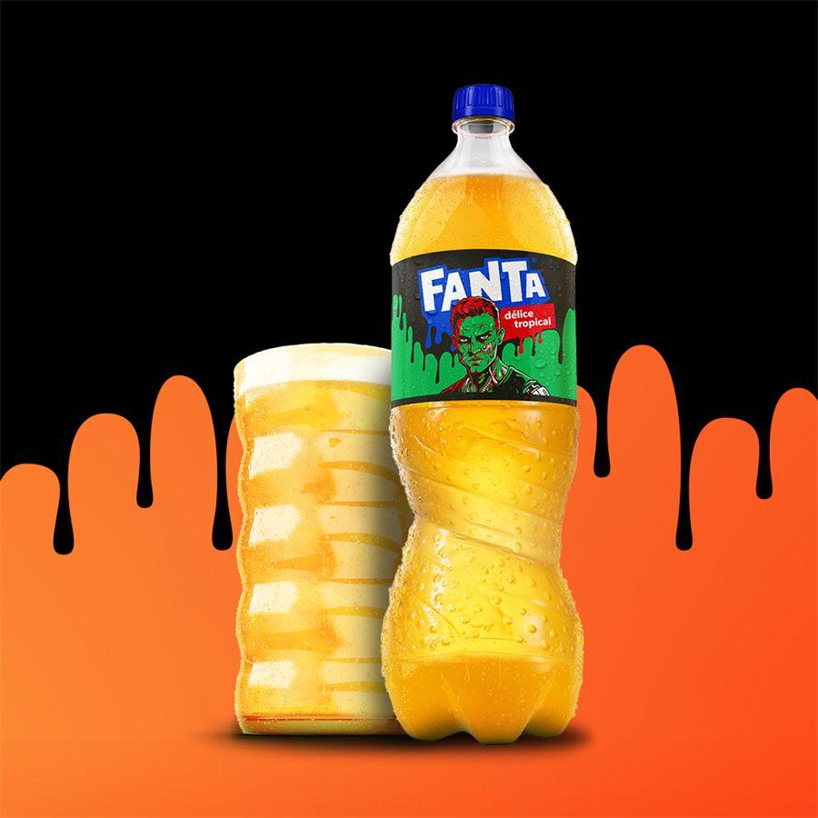 Bouteille de Fanta Délice tropical à l'effigie de FRNX, la créature de Frankenstein