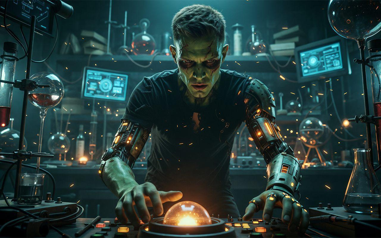 FRNX, la créature de Frankenstein revue par Fanta Halloween, dans son laboratoire