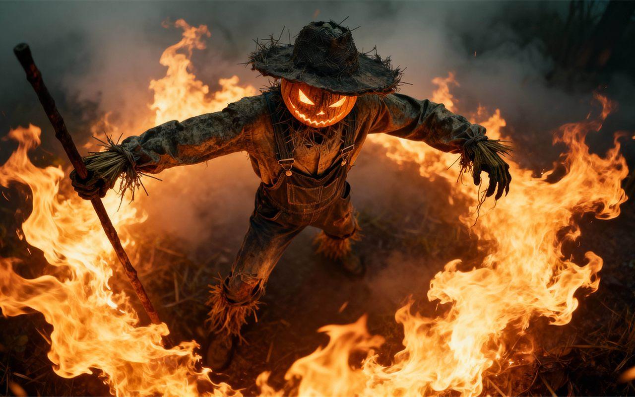 Haystacks, l'épouvantail à tête de citrouille de Fanta Halloween, au milieu des flammes